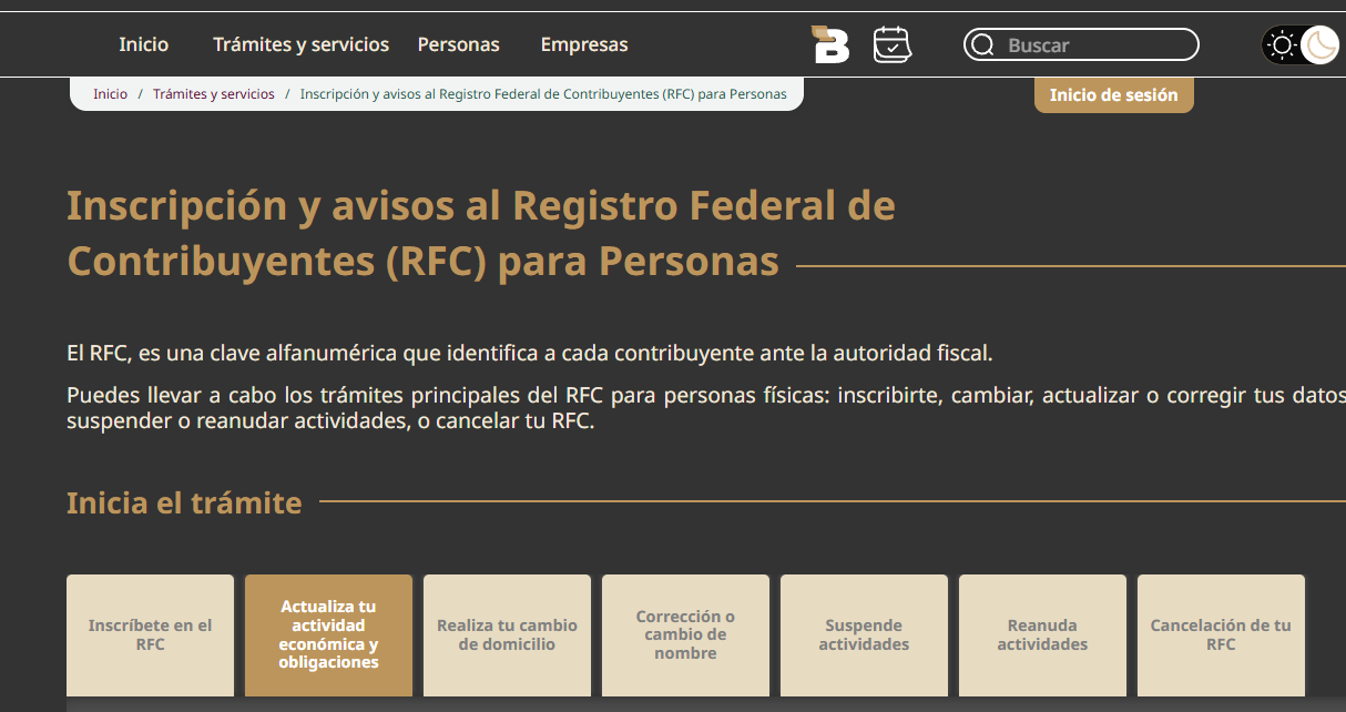 Captura de pantalla del SAT — Selección del trámite en el Portal del SAT